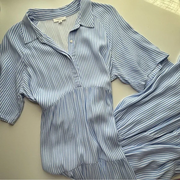 A Loves A Pinstripe Print B Tiered Waistless Midi Shirt Dress Size Medium - Picture 9 of 11